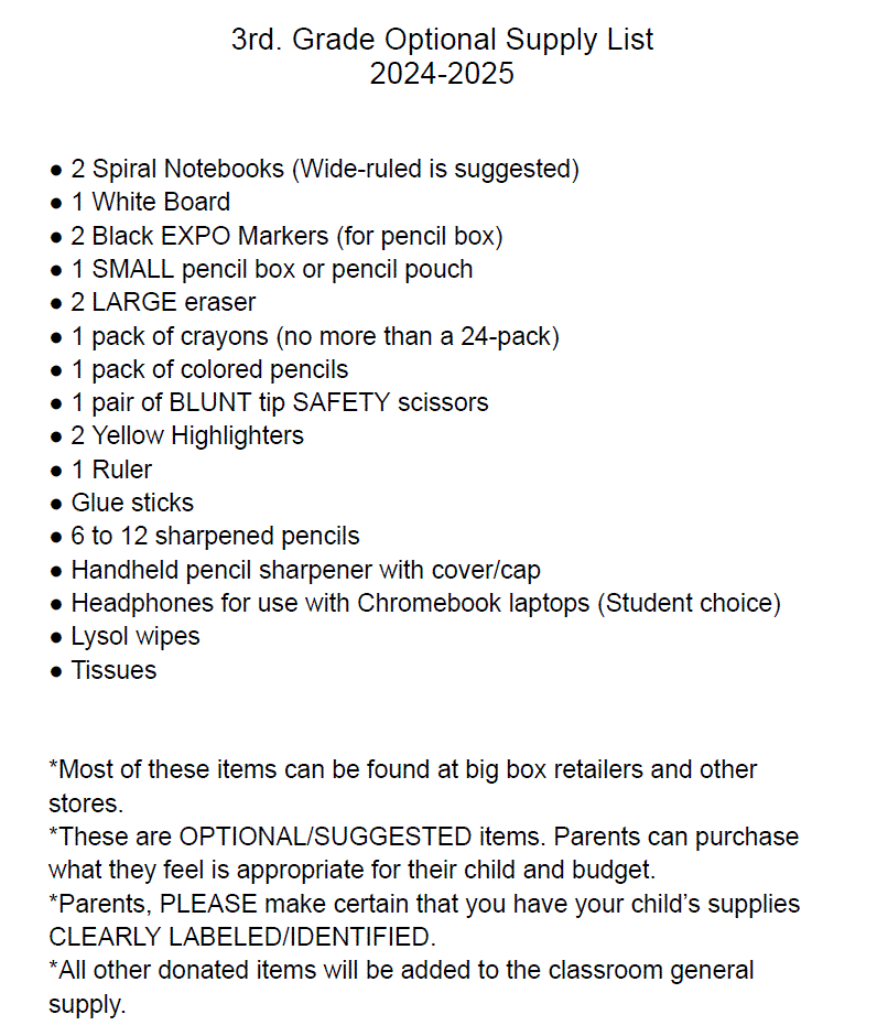 3rd Grade Supplies